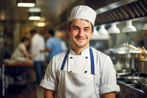 A male chef is standing in a food restaurant's kitchen. A male waitress smiling in a busy restaurant.