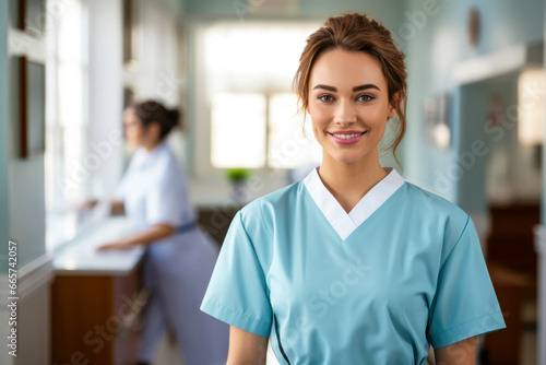 Professional women nurse in uniform smiling in the hallway.