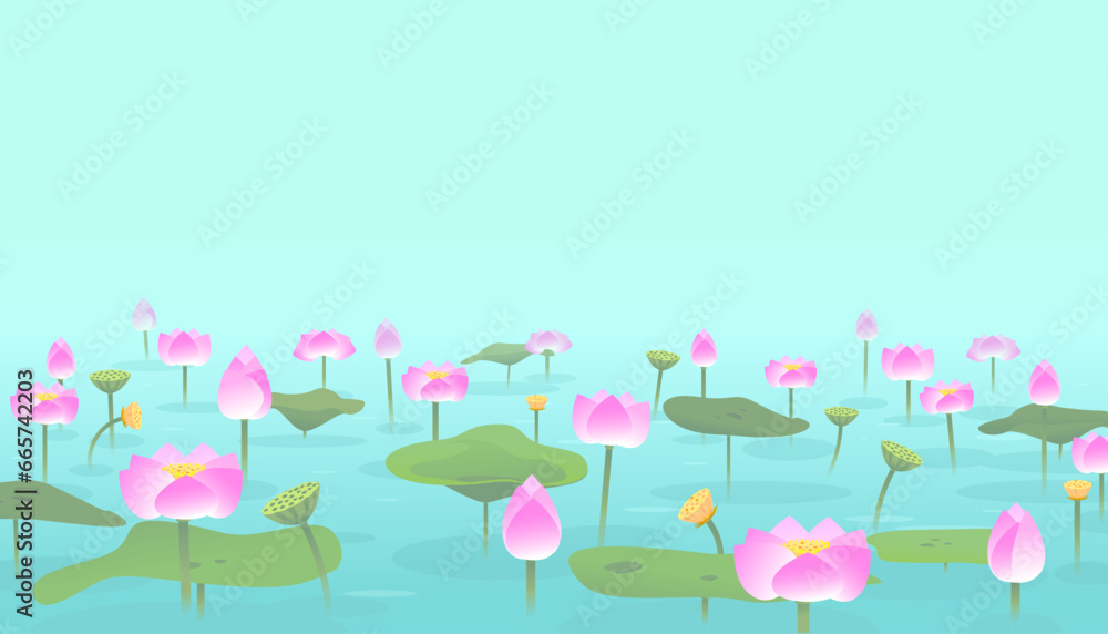 Beautiful pink lotus flowers  in  the pond. Oriental blooming floral background.
