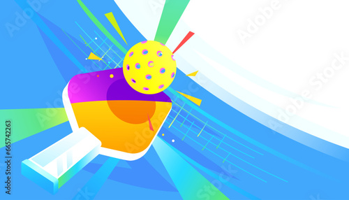 Pickleball paddle and ball on abstract background. The sports concept