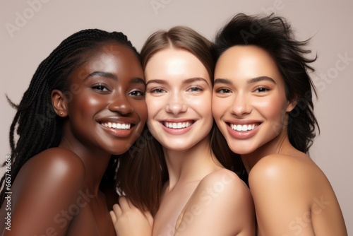 Beauty portrait of a diverse group of beautiful women posing together against a light grey studio background.