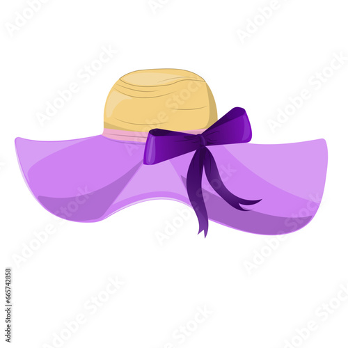 Summer straw women hat with violet ribbon and bow. Vector illustration on white background