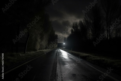 A dark road at night. Generative AI
