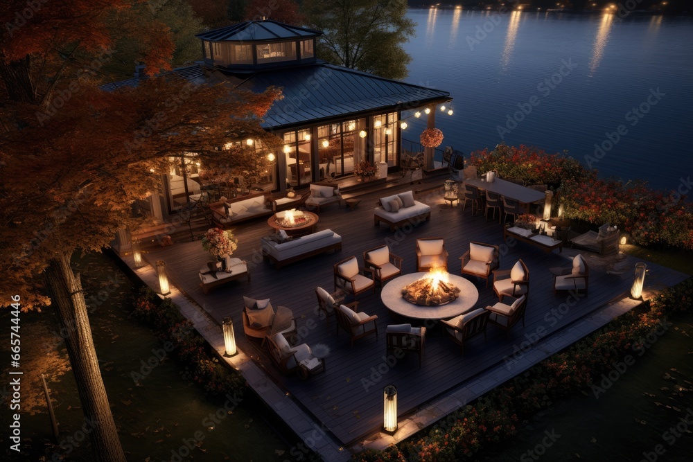Obraz premium Serene Waterfront Oasis: Twilight Ambiance with Lavish Home Deck, Central Firepit, Comfortable Seating, Overlooking Calm Lake Reflections