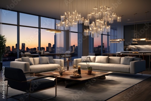 Penthouse Lounge with Floor-To-Ceiling Windows Overlooking City Skyline, Glass Chandeliers, at Blue Hour
