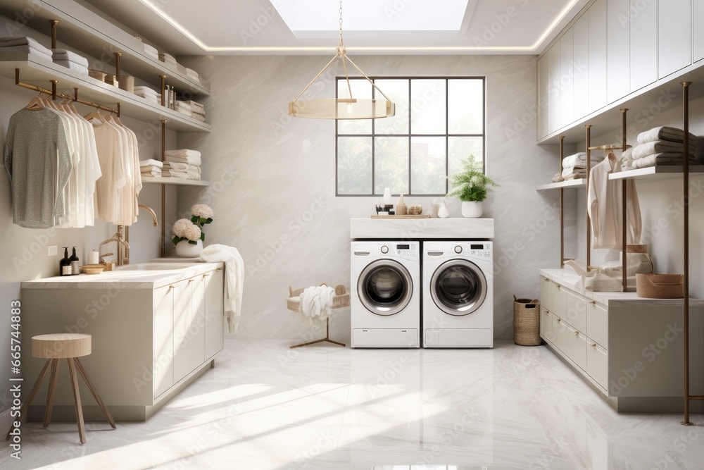 Sophisticated Laundry Space Featuring Front-Load Washers, Marble Flooring, Open Closets, and Elegant Bathroom Accessories, Skylight Sophisticated Laundry Space Featuring Front-Load Washers, Marble Flooring, Open Closets, and Elegant Bathroom Accessories, Skylight