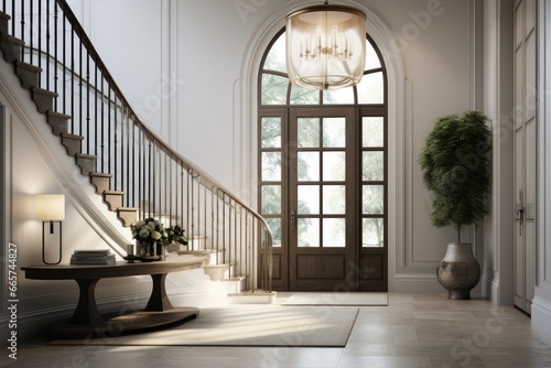 Refined Foyer with Classic Appeal  Arched Window Door  Spiral Staircase  Contemporary Centerpiece Table  and Graceful Greenery