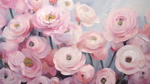 Pink ranunculus flowers. Watercolor painting on canvas. Floral background.