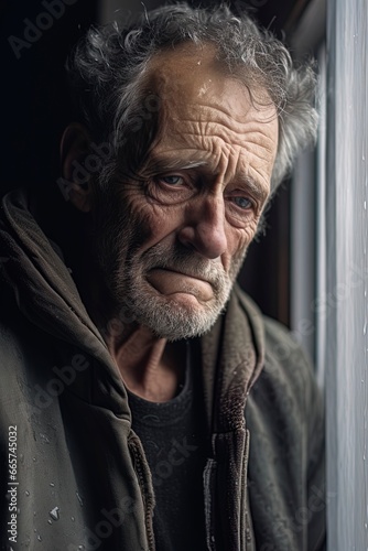 Depressed sad looking old man near a window. Dramatic concept for mental illness, alzheimer, dementia, depression, grief.