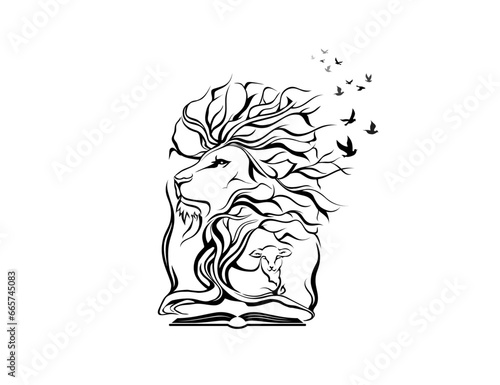 Christian tattoo, burning bush, lion, cross, bible and dove logo