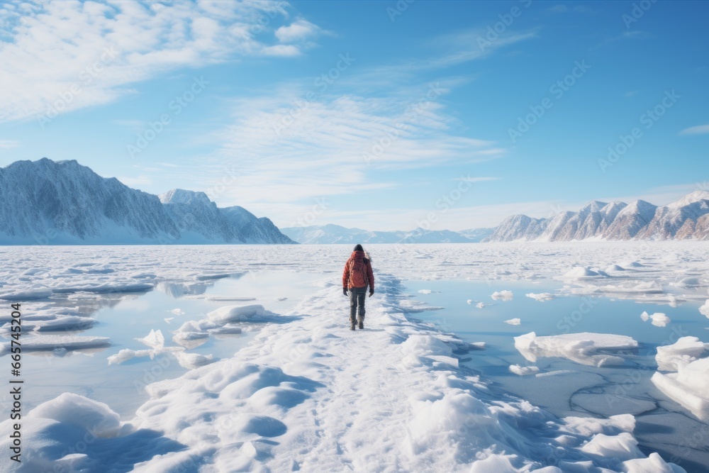 solo traveler walking over frozen lake discovering the winter landscape  rear view of man standing looking at snow covered frozen mountain wilderness