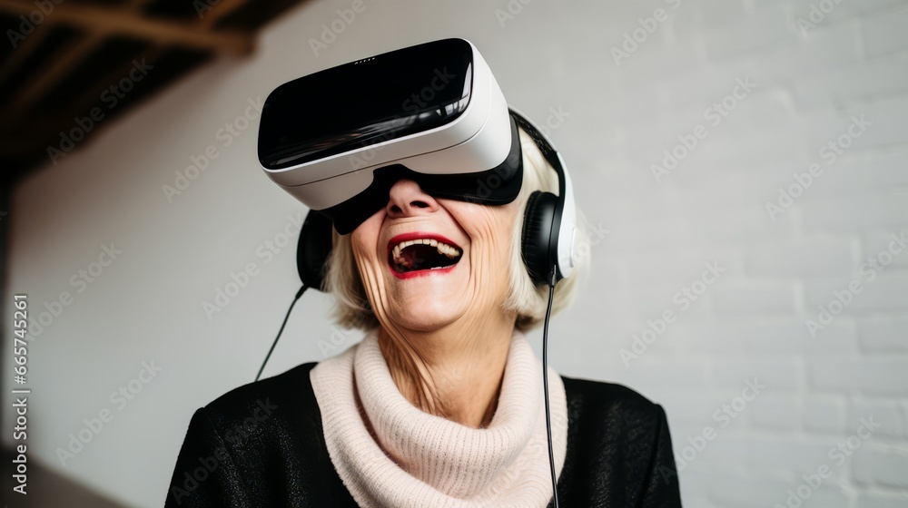 cheerful enjoy wonderful experience mature adult old senior woman wear vr vitual headset goggle while explore digital virtual world fun enjoy technology of visual in living room at home cheerful enjoy wonderful experience mature adult old senior woman wear vr vitual headset goggle while explore digital virtual world fun enjoy technology of visual in living room at home