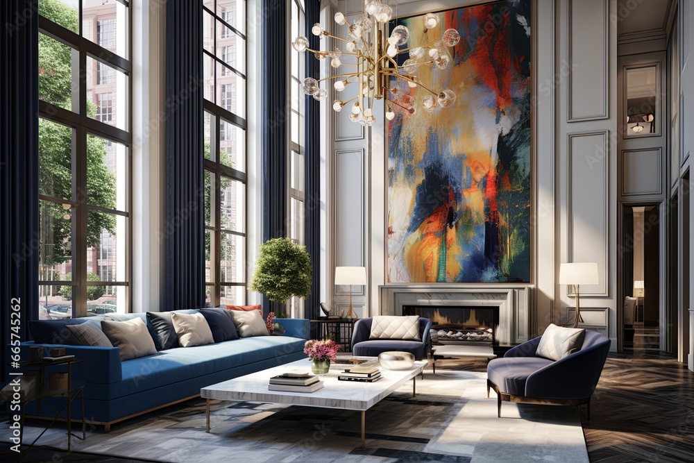 beautiful living room in modern classic room interior design with wall acccent with poster frame with colorful painting house beautiful living room with full height window and daylight