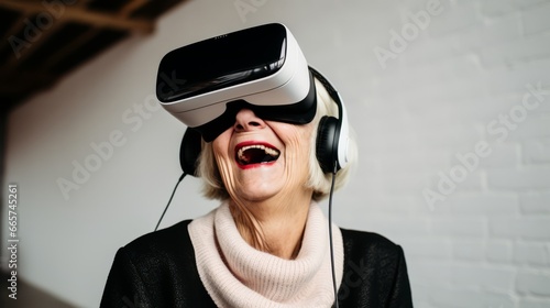 cheerful enjoy wonderful experience mature adult old senior woman wear vr vitual headset goggle while explore digital virtual world fun enjoy technology of visual in living room at home © VERTEX SPACE