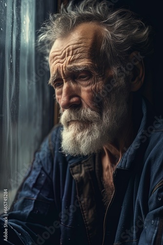 Depressed sad looking old man near a window. Dramatic concept for mental illness, alzheimer, dementia, depression, grief.