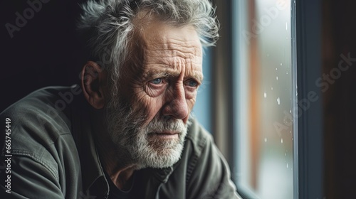 Depressed sad looking old man near a window. Dramatic concept for mental illness, alzheimer, dementia, depression, grief.