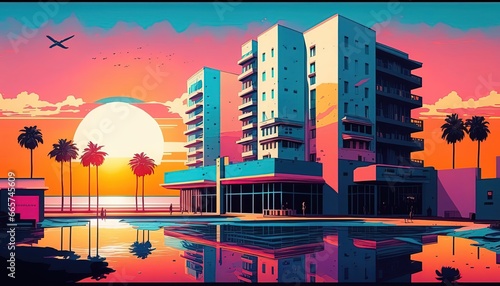 City pop beach evening pop art, Vivid color, Sunset. Generative AI illustrations