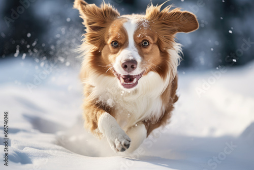 Happy Dog Running in Winter Snow