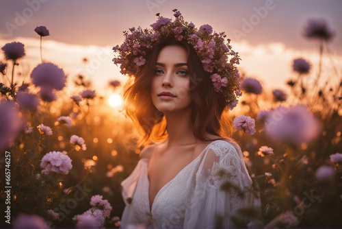 Beautiful girl with a wreath of wildflowers on her head against the background of wild flowers at sunset.
