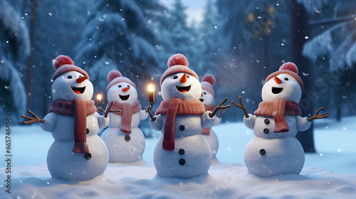 Glowing Lanterns Amidst Playful Snowmen, generative ai