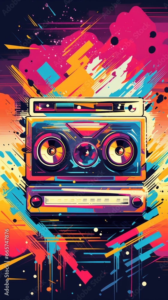 An old school boombox with colorful paint splatters. Vibrant pop art image.