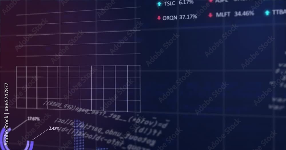 Animation of graphs, trading boards, loading circles and computer language over black background Animation of graphs, trading boards, loading circles and computer language over black background