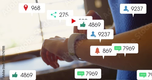 Animation of notification bars, midsection of caucasian woman holding cellphone and using smartwatch