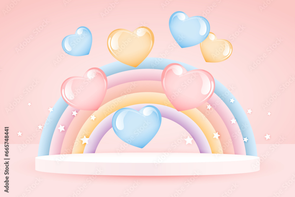 3d baby shower, rainbow and podium with balloons and stars on a pale pink background, childish design in pastel colors. Background, backdrop illustration, vector 3d baby shower, rainbow and podium with balloons and stars on a pale pink background, childish design in pastel colors. Background, backdrop illustration, vector