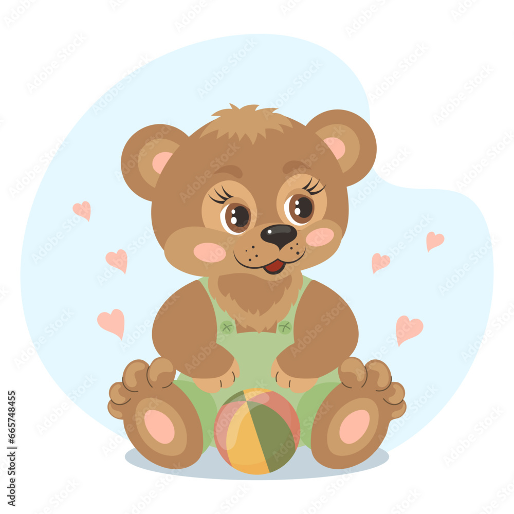 Cute cartoon baby teddy bear with a ball toy. Illustration in flat style. Children's card. Vector Cute cartoon baby teddy bear with a ball toy. Illustration in flat style. Children's card. Vector