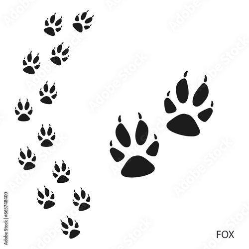 Paw prints, animal tracks, fox footprints pattern. Icon and track of footprints. Black silhouette. Vector