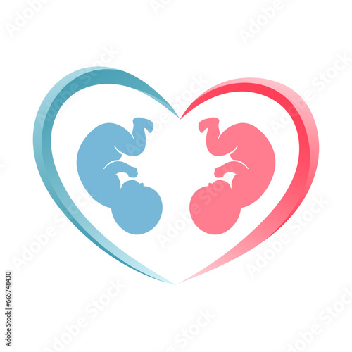 Red and blue symbol of a newborn fetus in a heart. Newborn icon, sticker, postcard, vector