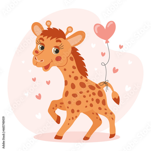 Cute cartoon little giraffe character with a balloon on his tail with hearts. Illustration in flat style. Baby print  card. Vector