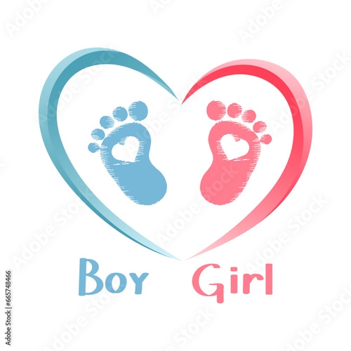 Two baby footprints in the shape of a heart. Red and blue symbol of a newborn in a heart.Newborn icons, stickers, postcard, vector