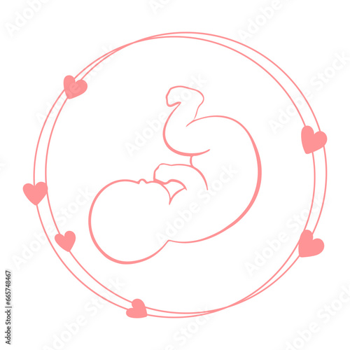 Drawing of a baby in a circle with hearts around it. Newborn baby icon, postcard, vector