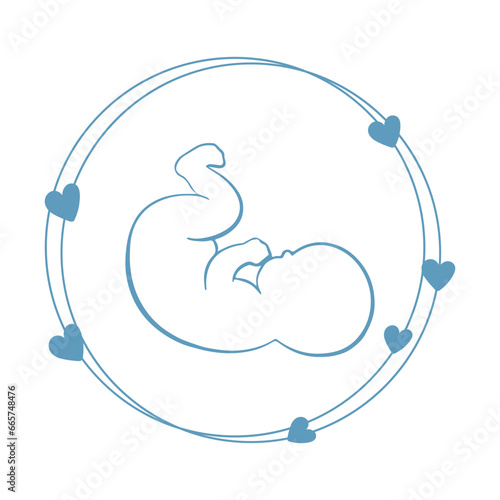 Drawing of a baby in a circle with hearts around it. Newborn baby icon, postcard, vector
