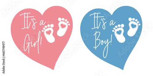 Baby footprints in a  hearts. Red and blue symbol of newborn girls and boys in the heart. Set of icons, stickers, vector