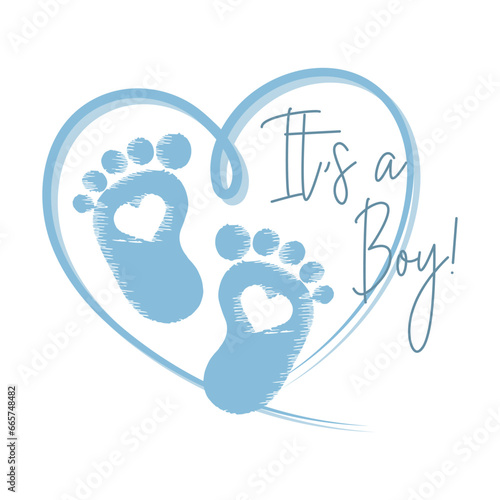 Blue heart with baby footprints and the inscription it's a boy. Newborn baby icon, symbol, print, postcard, vector