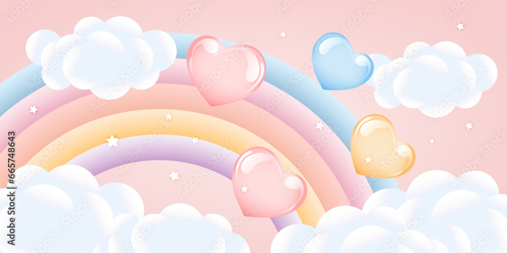 Rainbow with clouds and balloons on the starry sky, children's design in pastel colors. Background, 3d baby shower, illustration, vector.