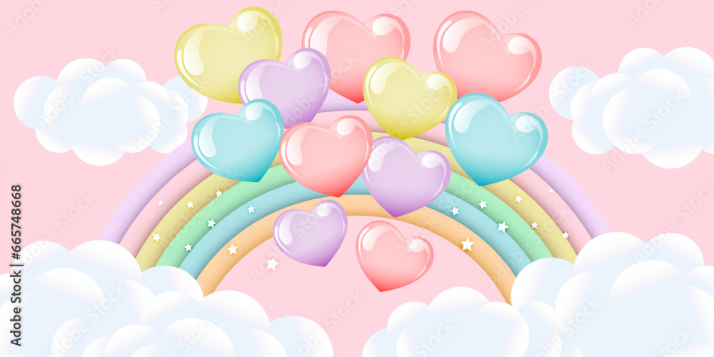 Rainbow with clouds and balloons on the starry sky, children's design in pastel colors. Background, 3d baby shower, illustration, vector.