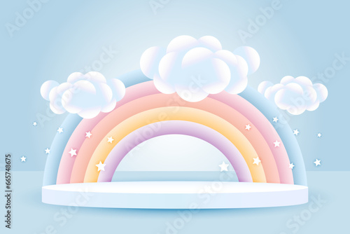 3d baby shower, rainbow with clouds and a podium on a pale blue background with stars, childish design in pastel colors. Festive background, vector