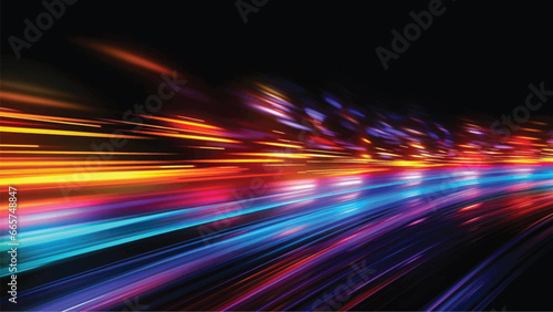 Colorful light trails with motion effect for animation and motion graphic. Overlay neon light vector illustration isolated on black background