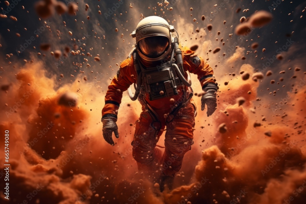 Naklejka premium An astronaut in space boots leaps out of orange smoke.