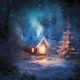 Snow covered cottage, illuminated from within, in a frosty forest under a gentle snowfall at night