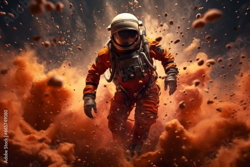  An astronaut in space boots leaps out of orange smoke.