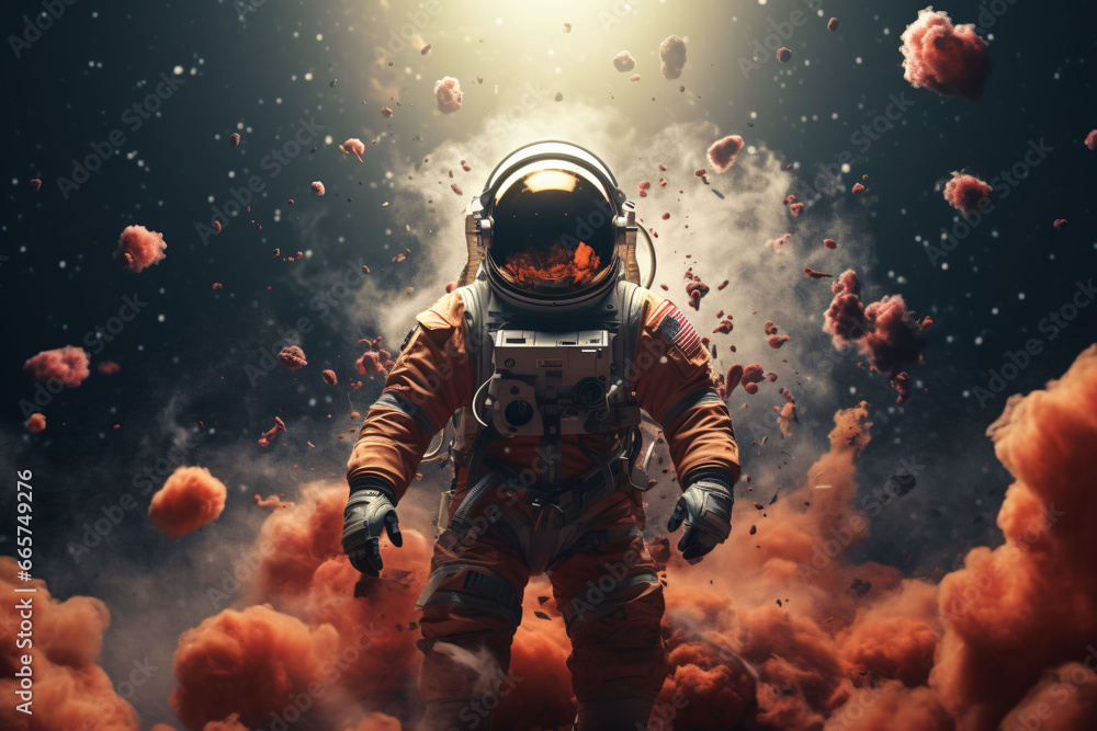 an astronaut is standing in space surrounded by glowing smoke