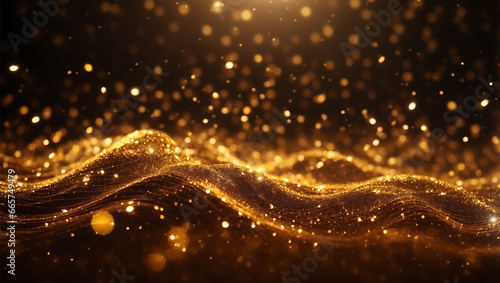 Golden particles wave flow with bokeh light effect abstract background