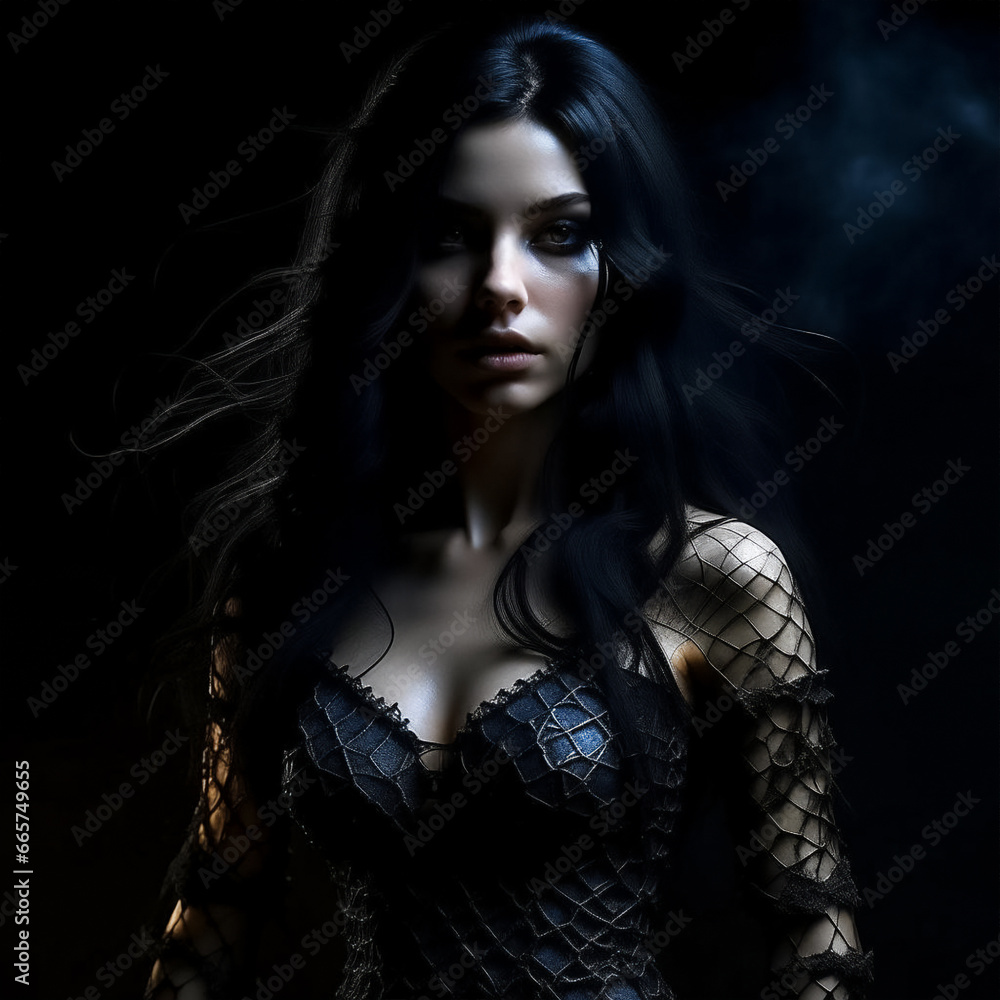 the image of a young beautiful black-haired girl in a witch costume.