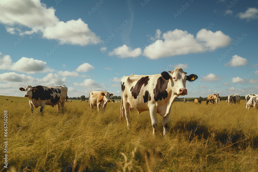 Cows and bulls graze on the meadow