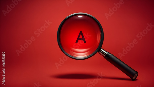 Magnifying glass red background with copy space.