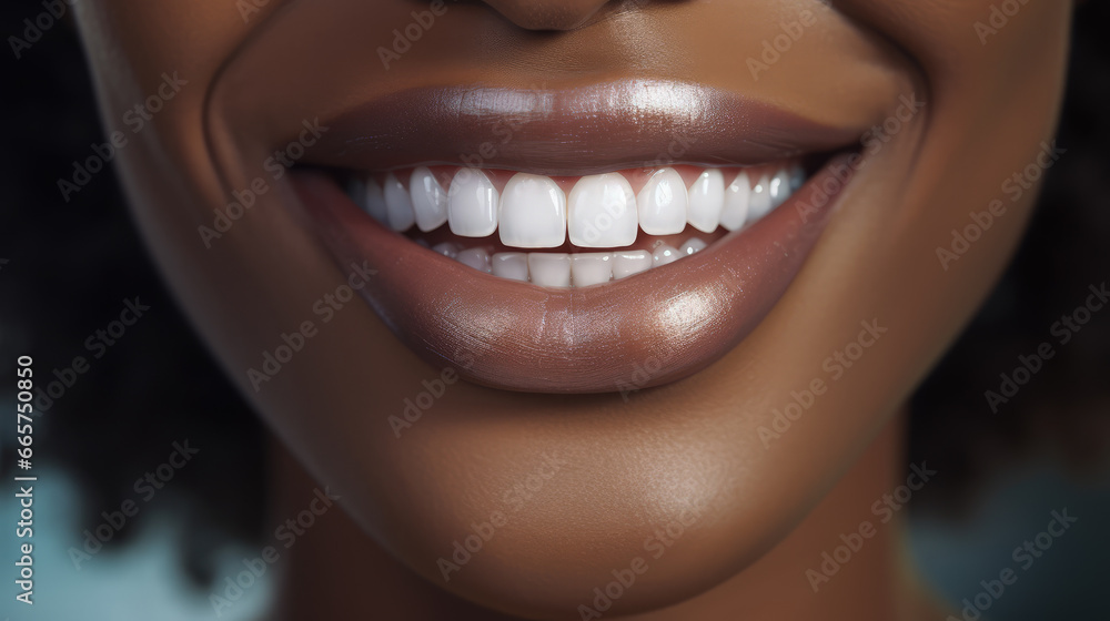 Close-up Perfect Snow-White Smile of an American African Woman. Dental Health and Dentistry Concept Close-up Perfect Snow-White Smile of an American African Woman. Dental Health and Dentistry Concept